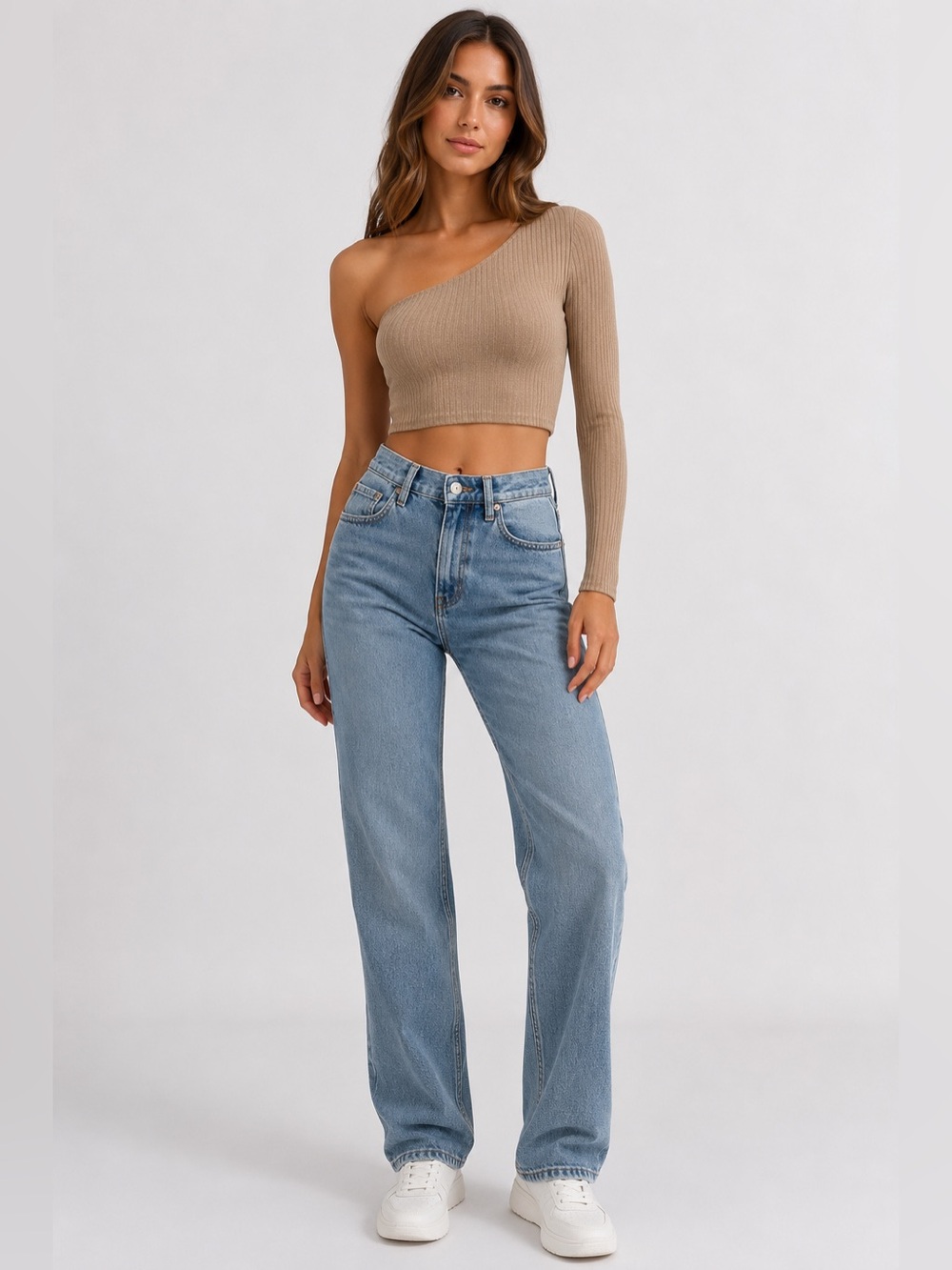 Shein Ribbed One-Shoulder Long Sleeve Crop Top – Tan | Size XS